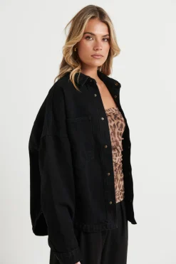 Unisex Drop Shoulder Denim Shirt Black