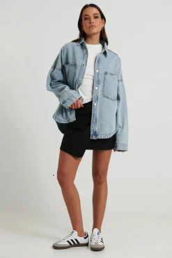 Unisex Drop Shoulder Denim Shirt Ocean