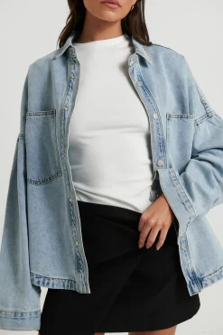 Unisex Drop Shoulder Denim Shirt Ocean