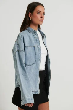 Unisex Drop Shoulder Denim Shirt Ocean