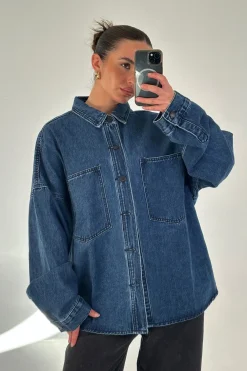 Unisex Drop Shoulder Denim Shirt Dark Blue