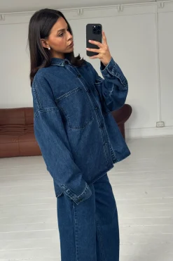Unisex Drop Shoulder Denim Shirt Dark Blue