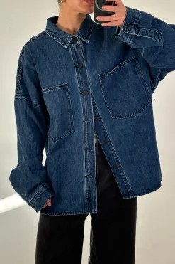 Unisex Drop Shoulder Denim Shirt Dark Blue