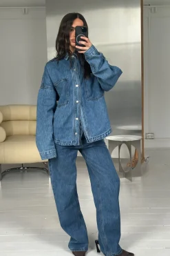 Unisex Drop Shoulder Denim Shirt Blue