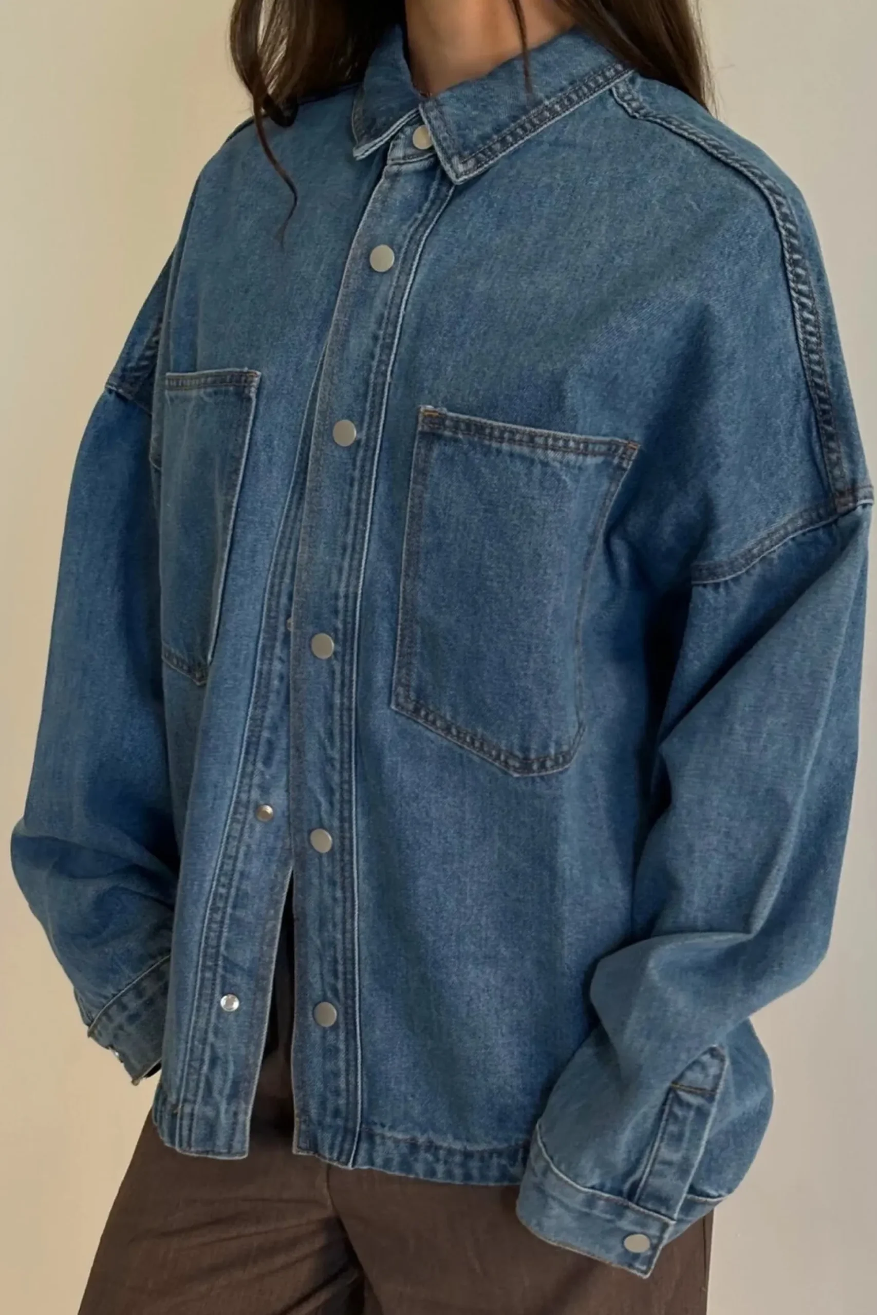 Unisex Drop Shoulder Denim Shirt Blue