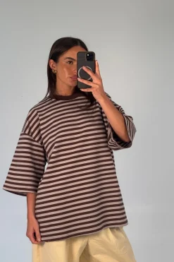 Unisex Lesley Stripe Crew Tee Choc