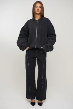 Unisex Panelled Denim Bomber Black